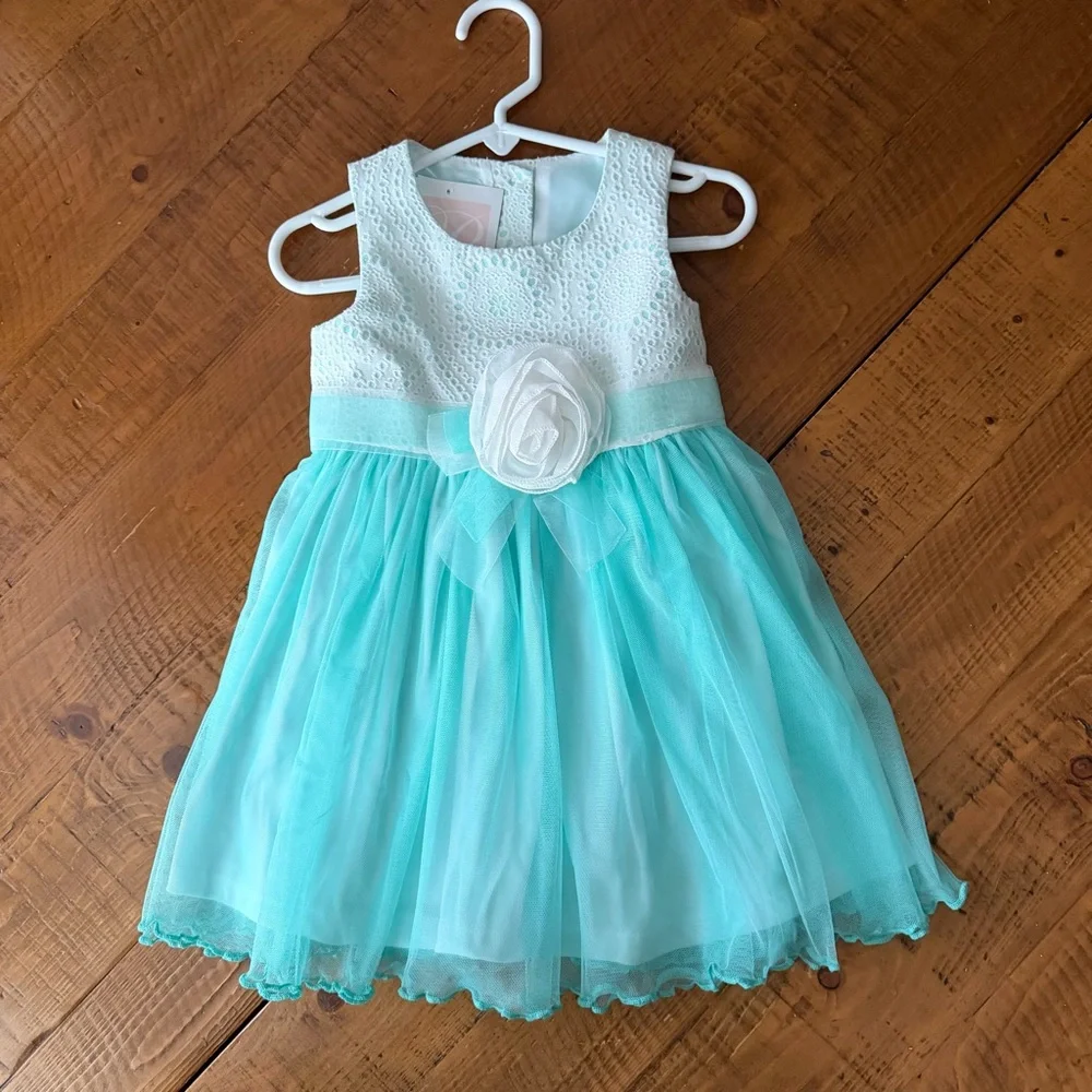 Bonnie Baby Spring/ Summer White and Aqua Formal Toddler Dress, 24 months, NWT’s